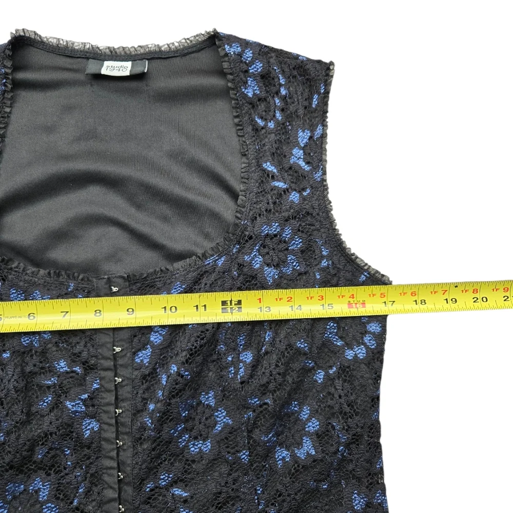 Vintage Y2K Lace Floral Whimsigoth Black Blue Studio 1940 Hook Eye Tank Top L - Picture 6 of 7